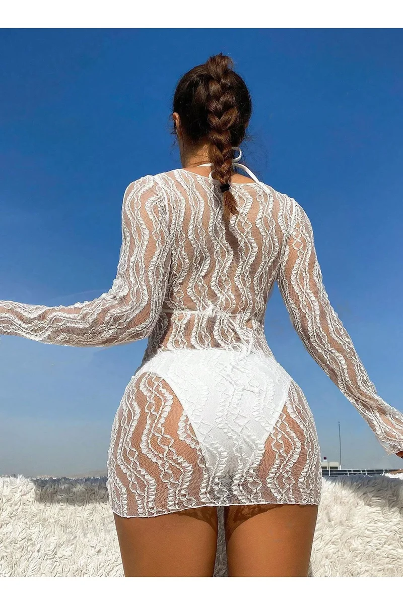 Beyaz Yumuşak Dantel Pareo ve Seksi Kadın Kostüm Fantezi Giyim
