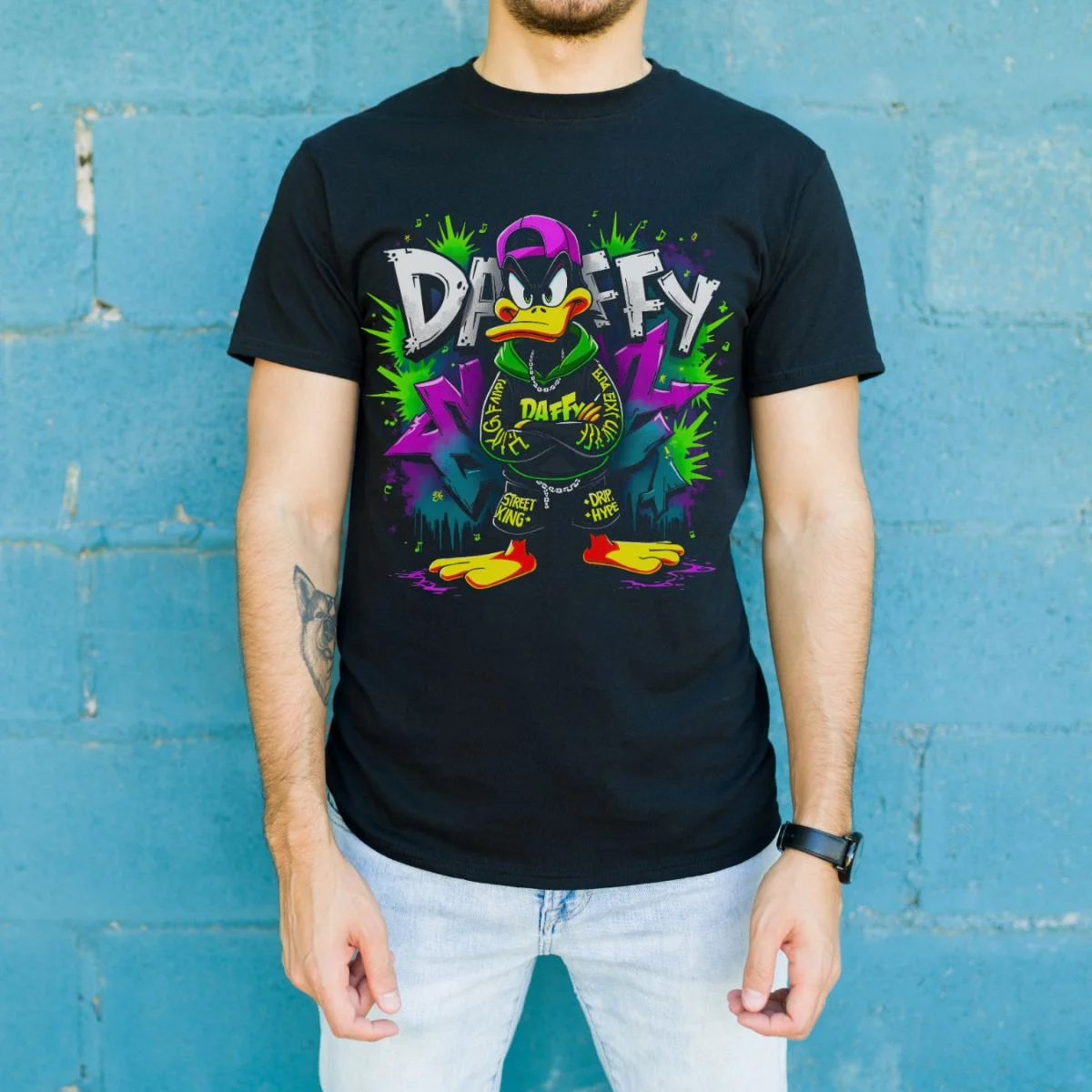Daffy Duck Graffiti Baskılı Unisex Siyah Tişört - 24/1 Penye Pamuklu