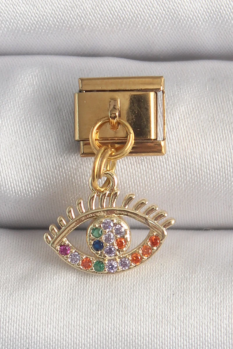 316L Çelik Gold Renk Sallantı Renkli Zirkon Taşlı Göz Model Charm