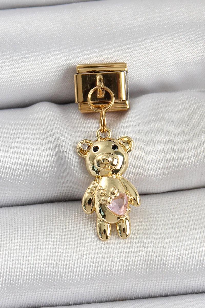 316L Çelik Sallantılı Zirkon Taşlı Ayıcık Model Gold Renk Charm