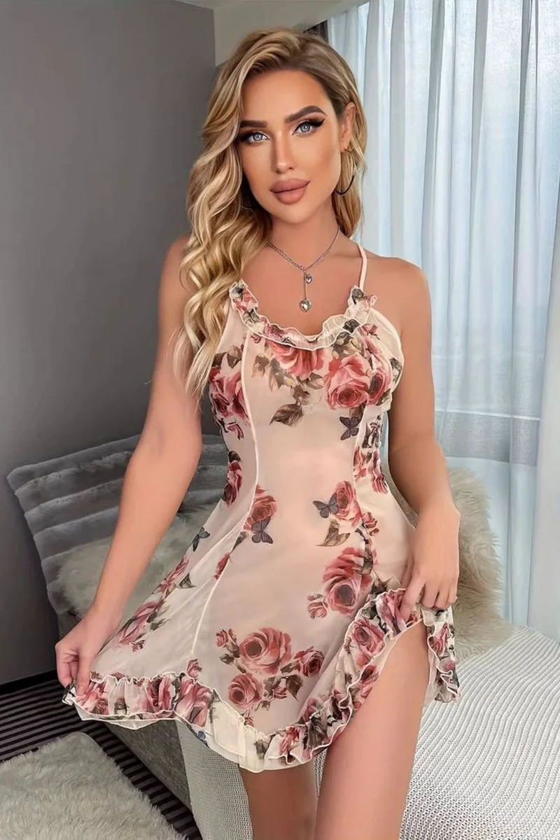 Somon Çiçek Baskılı Mini Gecelik 66804