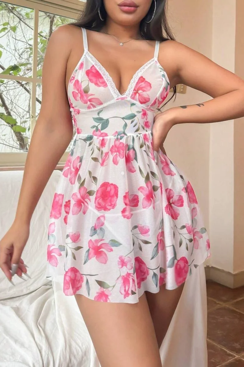 Pembe Çiçek Desenli Dantel Detaylı Gecelik 66806
