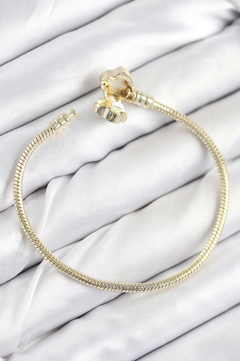 Pirinç Charm Zirkon Taşlı Yonca Model Gold Renk Kadın Bileklik