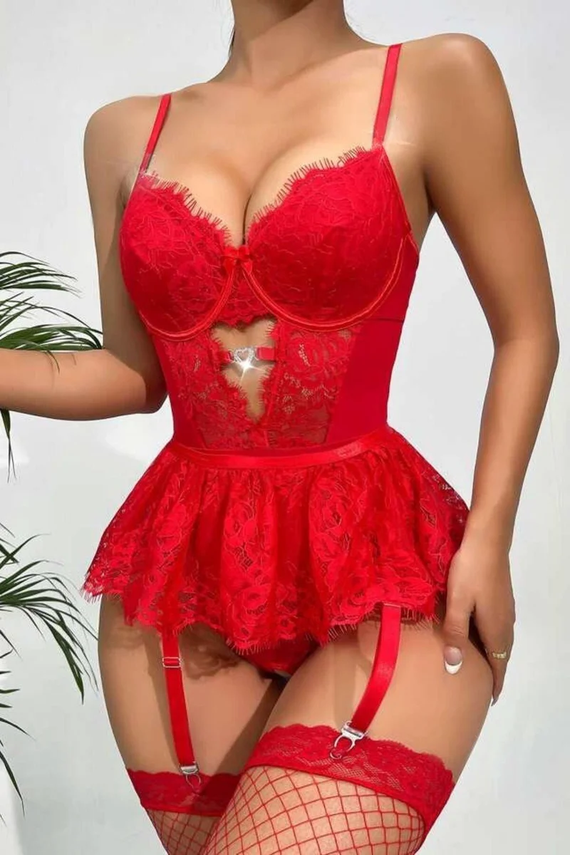 Kırmızı Dantelli Etekli Babydoll Takım 66668