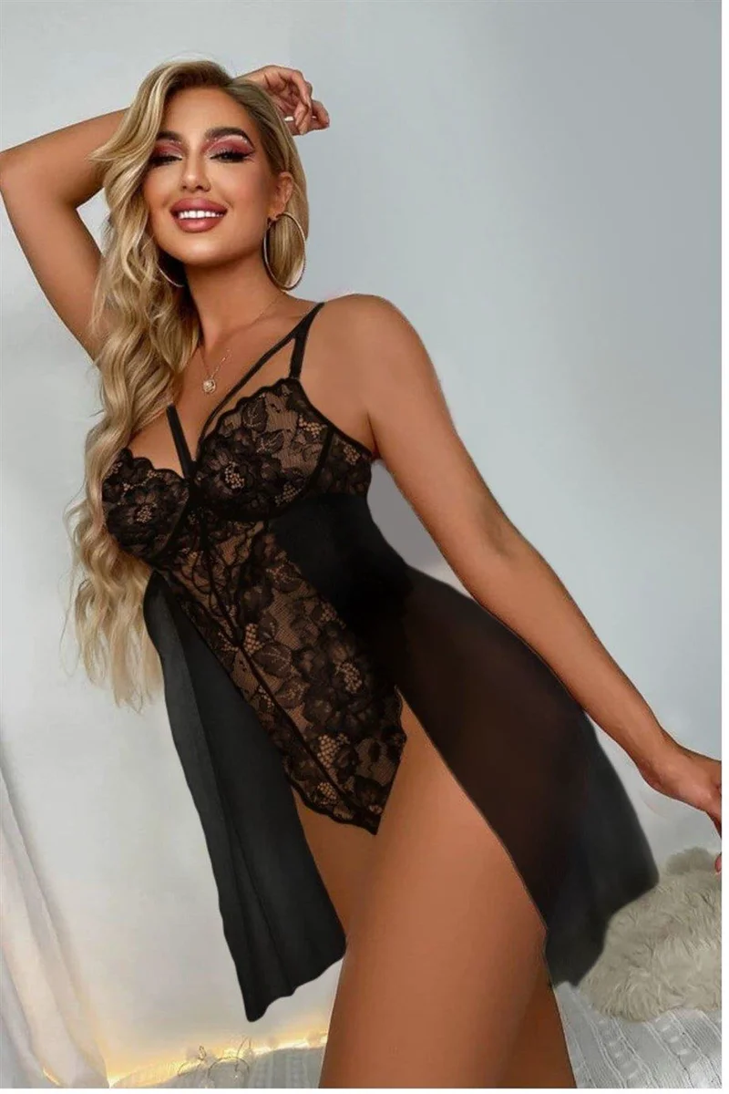  Siyah Özel Bölgesi Açık Babydoll Gecelik 66066