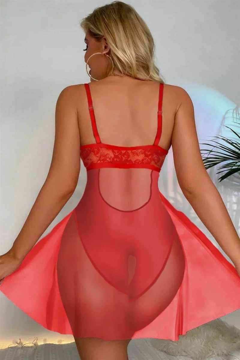 Kırmızı Özel Bölgesi Açık Babydoll Gecelik 66064