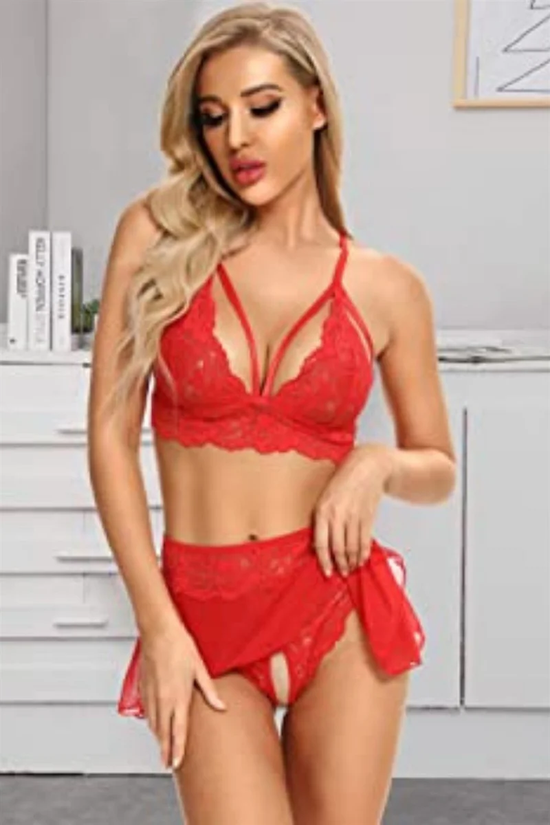 Özel Bölgesi Açık Kırmızı Etekli Bralet Sütyen Takım 66066