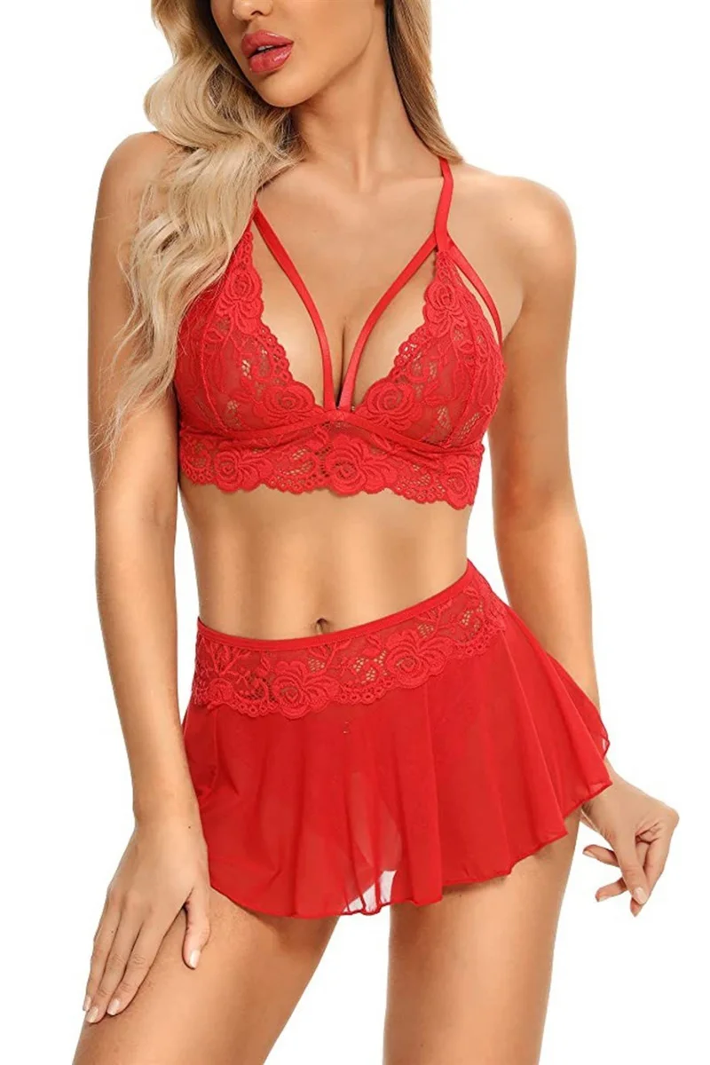 Özel Bölgesi Açık Kırmızı Etekli Bralet Sütyen Takım 66066