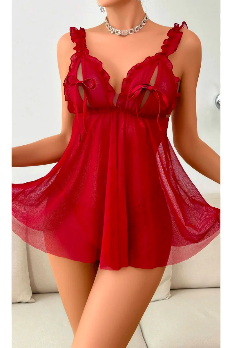 Kadın Seksi  Dantel Detaylı Transparan Tül Gecelik Ve Tanga Takımı Fantezi Gecelik Takım