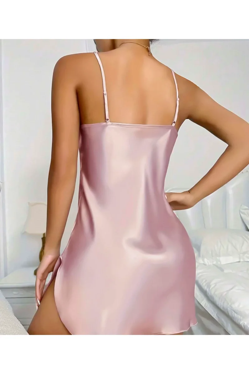 Kadın Seksi Toz Pembe Saten Rahat Gecelik