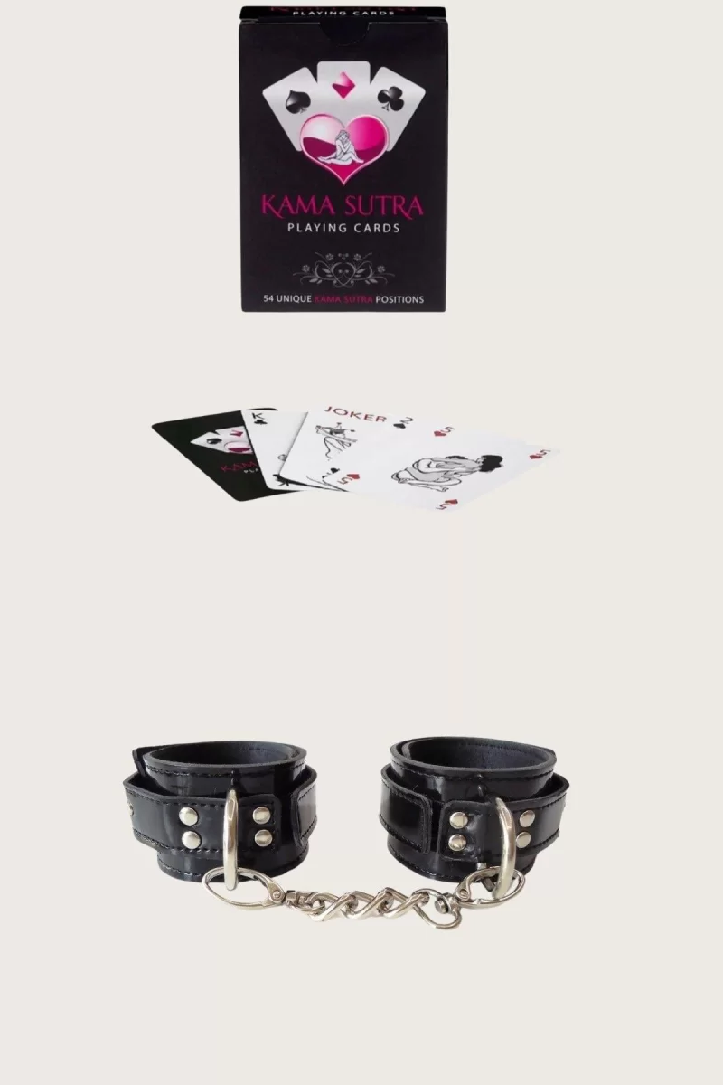 Sexy Görselli Oyun Kartı Kama Sutra Siyah Kelepçe Set