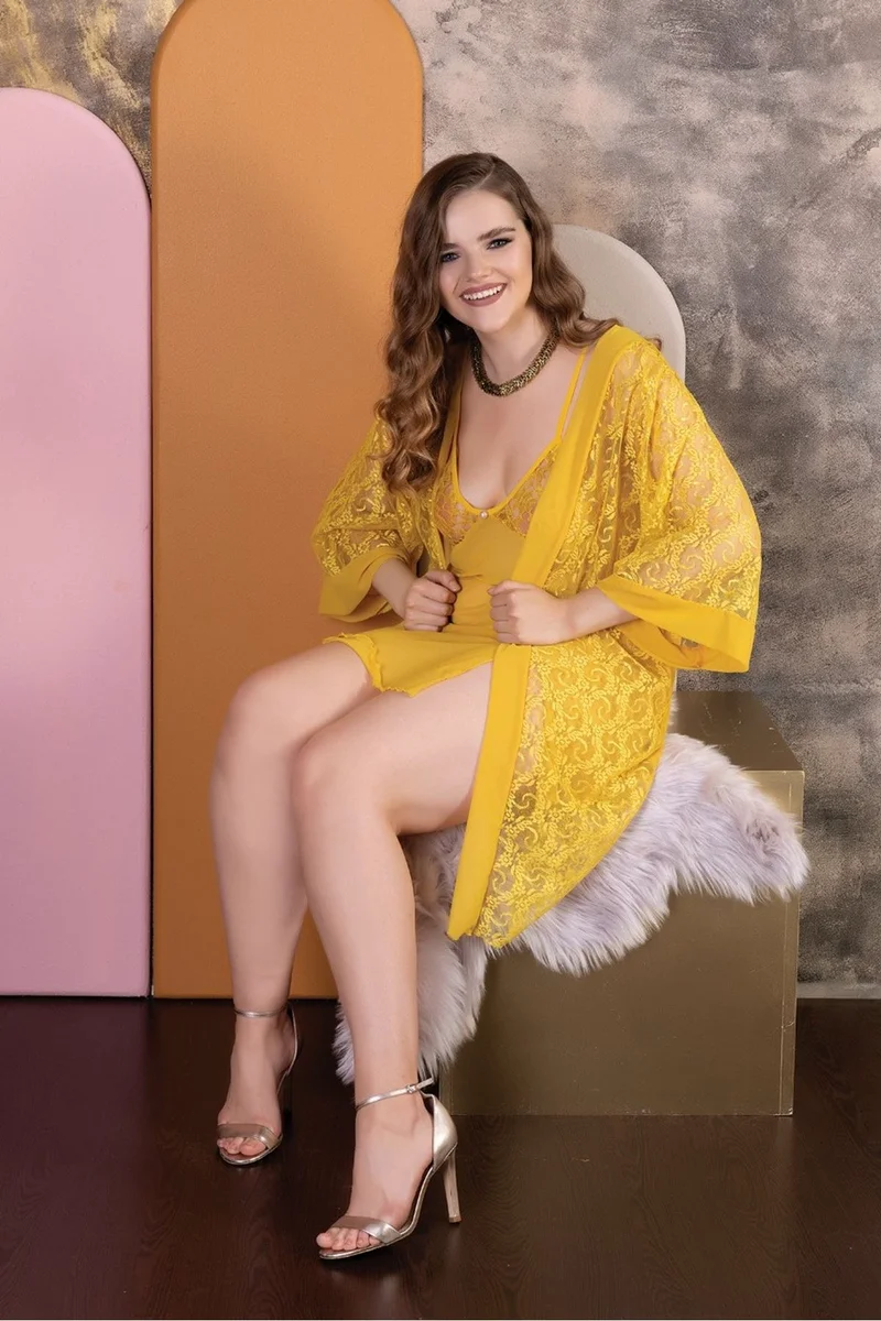 Kadın Seksi Çeyiz Büyük Beden Gecelik Sarı Gecelik Takımı