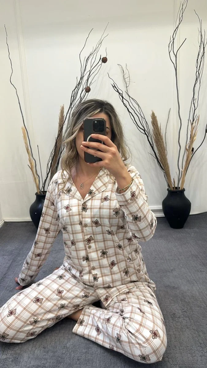Alissa 6198 Bayan Önü Düğmeli Ayıcık Desenli Uzun Kol  Pijama Takımı
