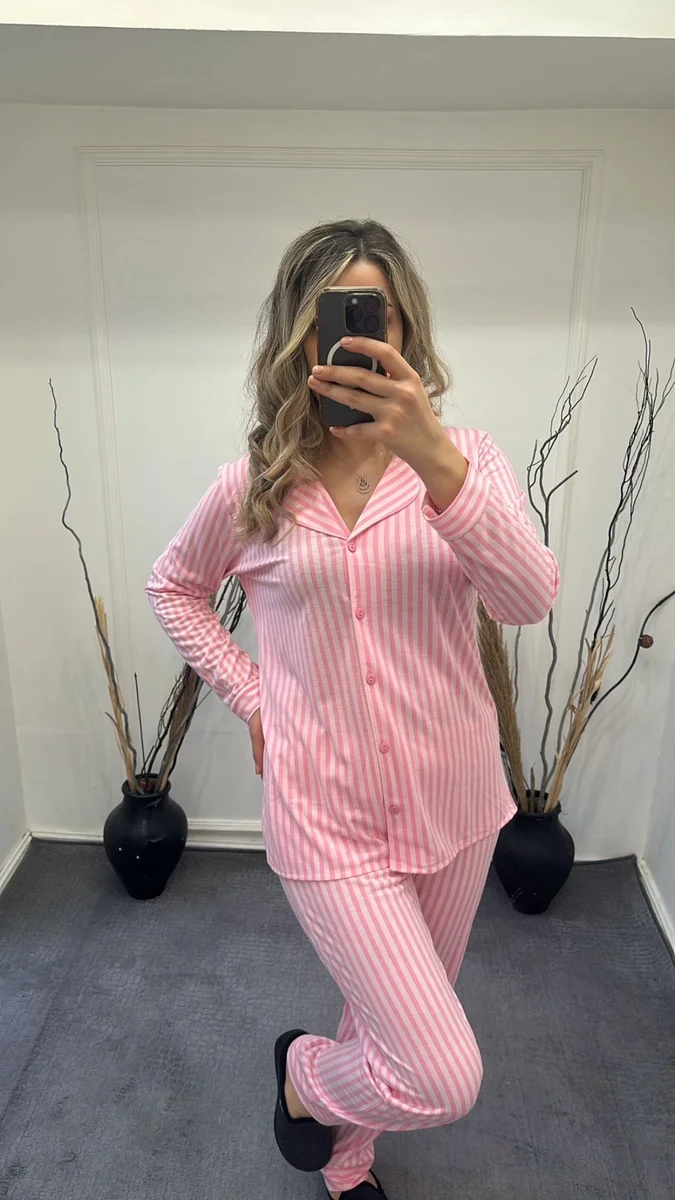 Alissa 6217 Bayan Önü Düğmeli Çizgili Uzun Kol  Pijama Takımı