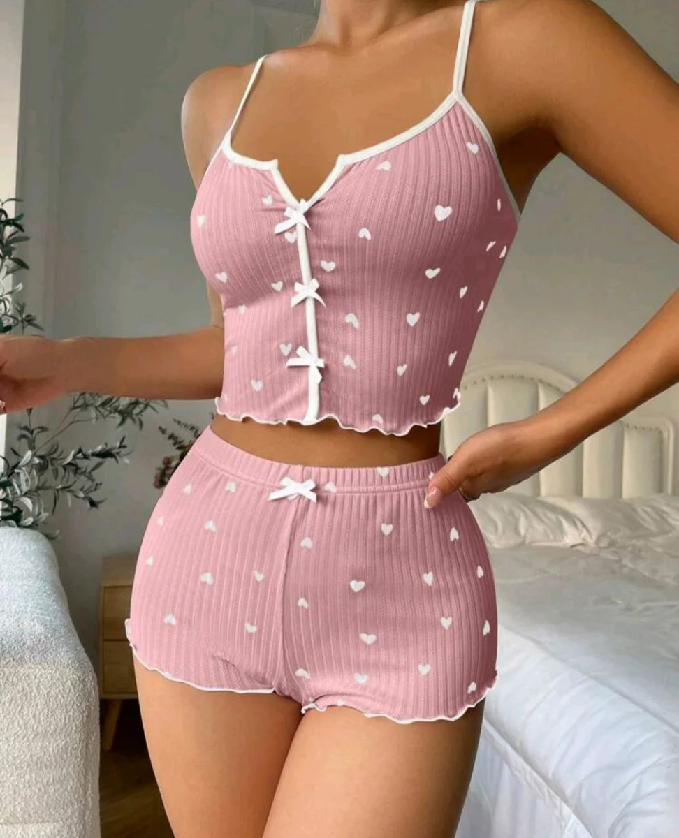 Kadın Pudra Kalpli Seksi Gecelik Takım
