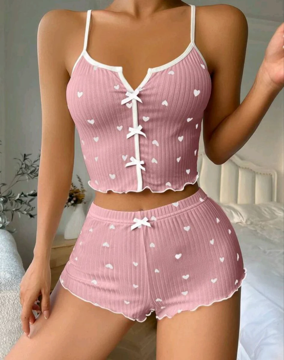 Kadın Pudra Kalpli Seksi Gecelik Takım