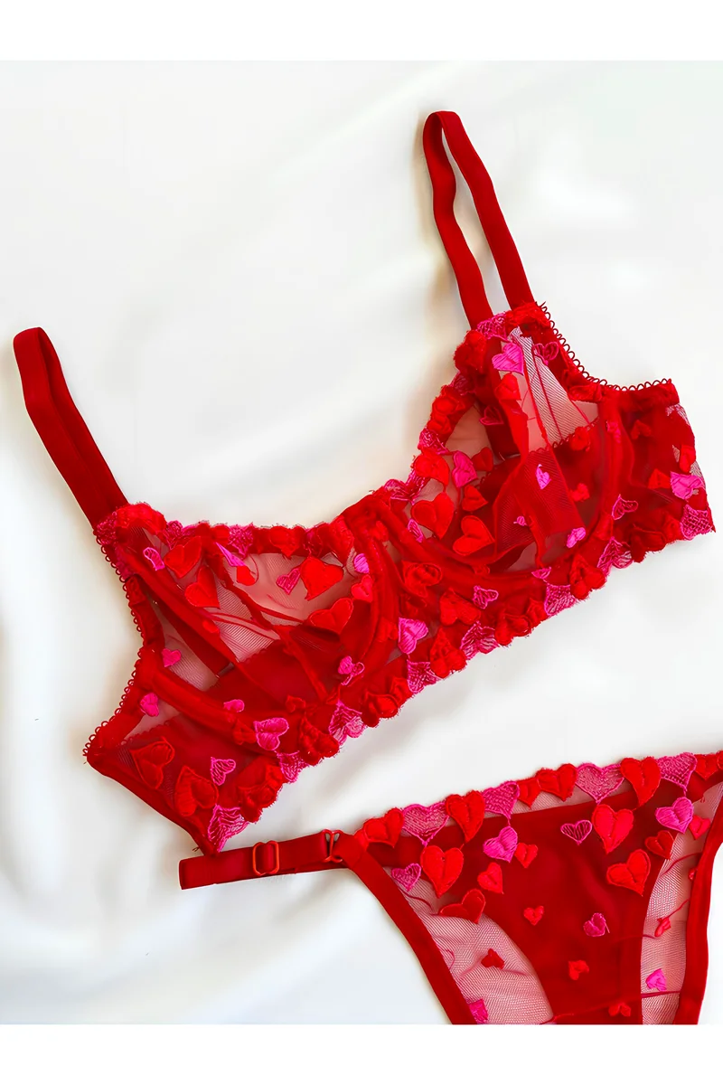 Kalp Desenli Tül Bralet Takım