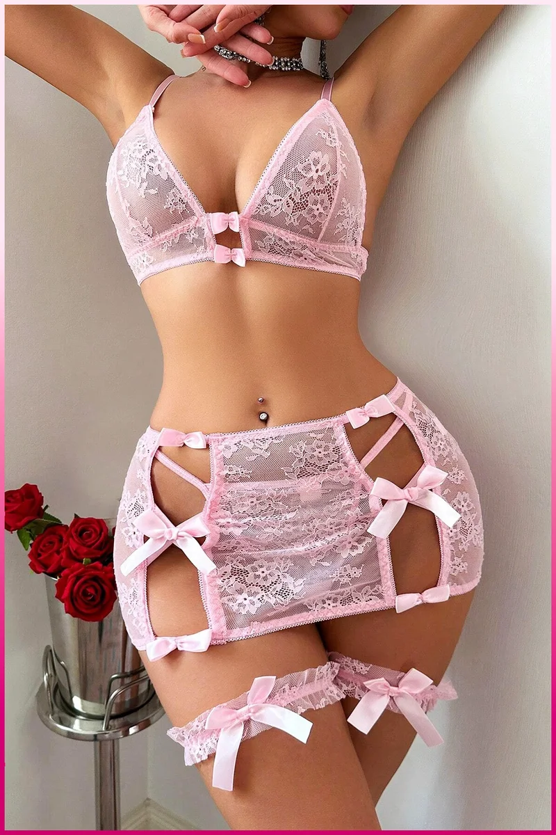 Pembe Fiyonklu Dantelli Etek Sütyen ve Külot Fantazi Kostüm