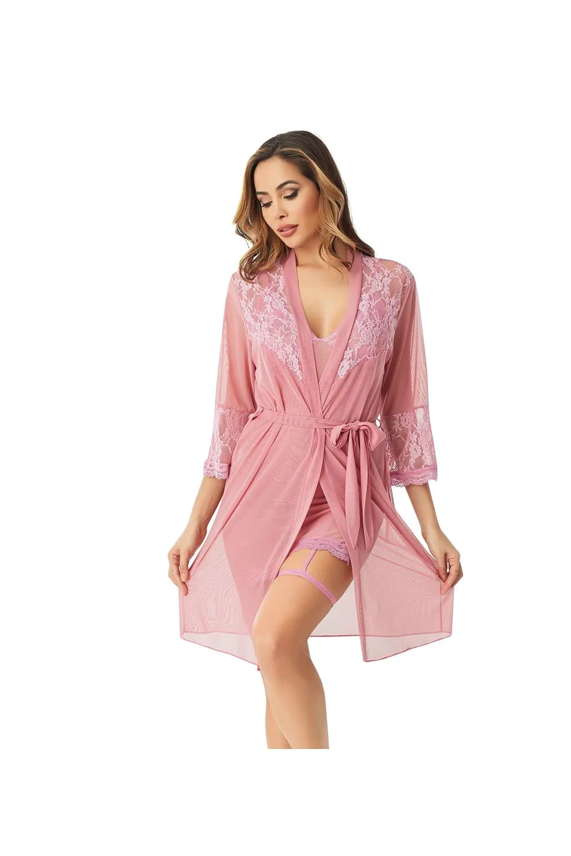 Kadın Seksi Toz Pembe Desen Sabahlık  Gecelik