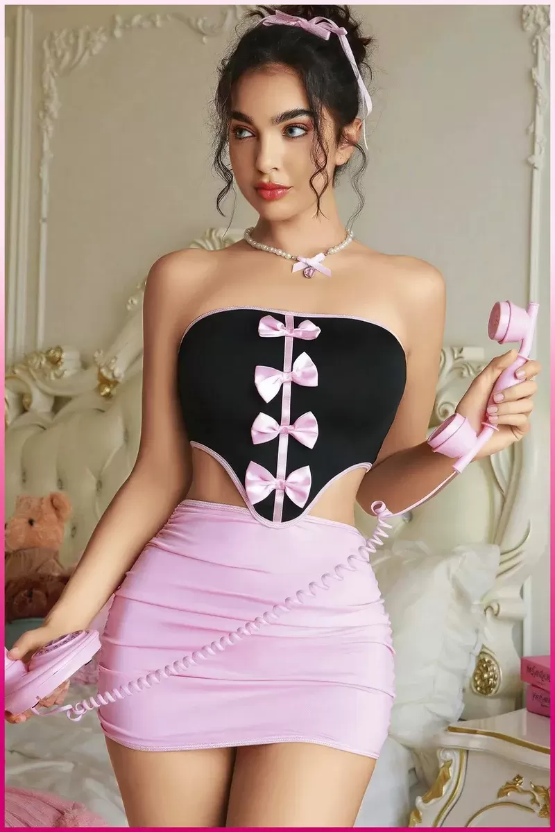 Kadın Pembe Ekose Etekli Seksi Kostüm