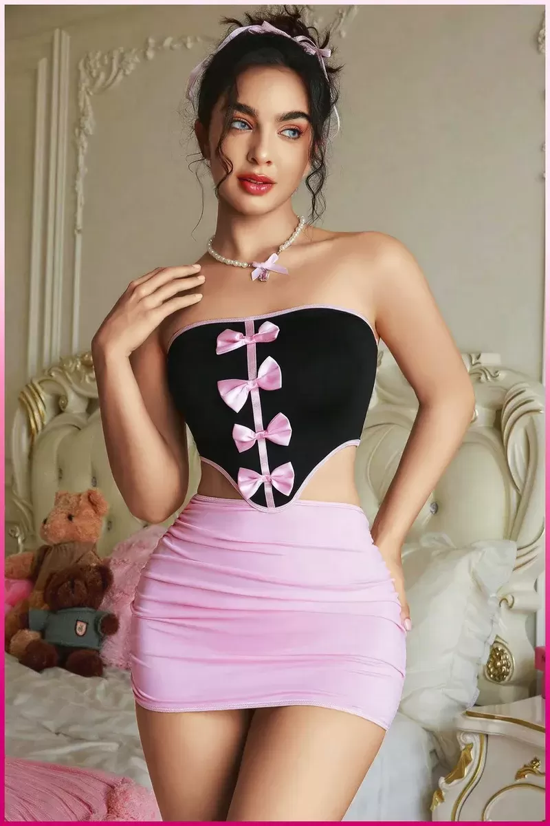 Kadın Pembe Ekose Etekli Seksi Kostüm