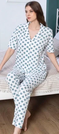 Freshness 106 Yeşil Puantiyeli Patlı Kısa Kol Pijama Takımı