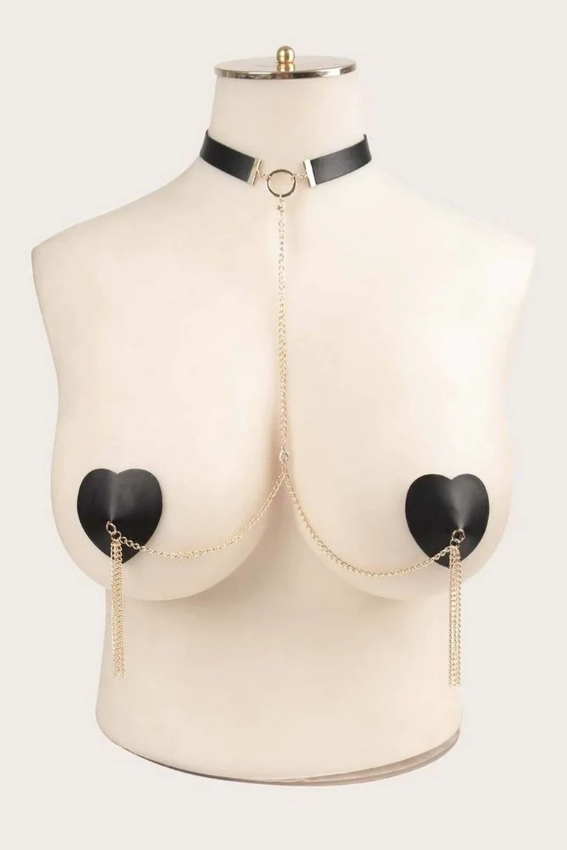 Kalpli Göğüs Ucu ve Boyun Tasmalı Zincirli Deri Harness