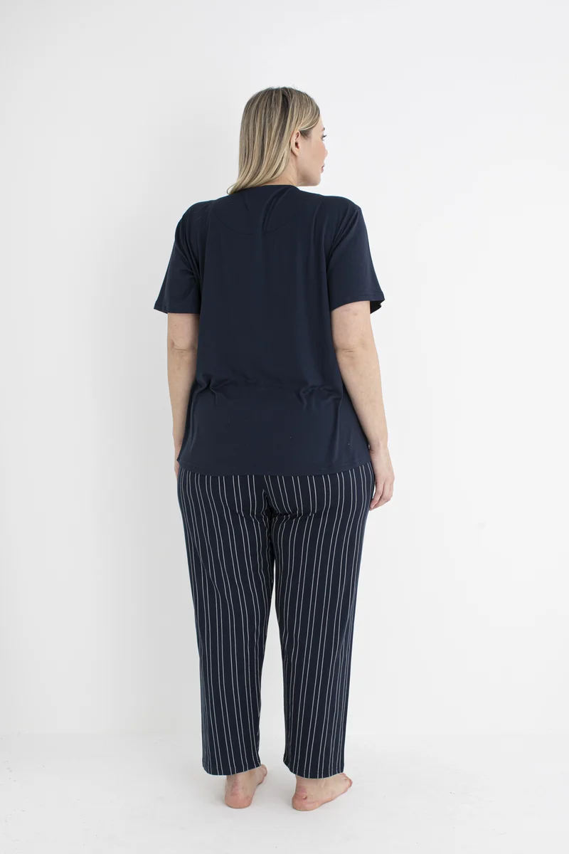 Estiva 25151 Kadın Battal Beden Çizgilii Kısa Kol Pijama Takımı