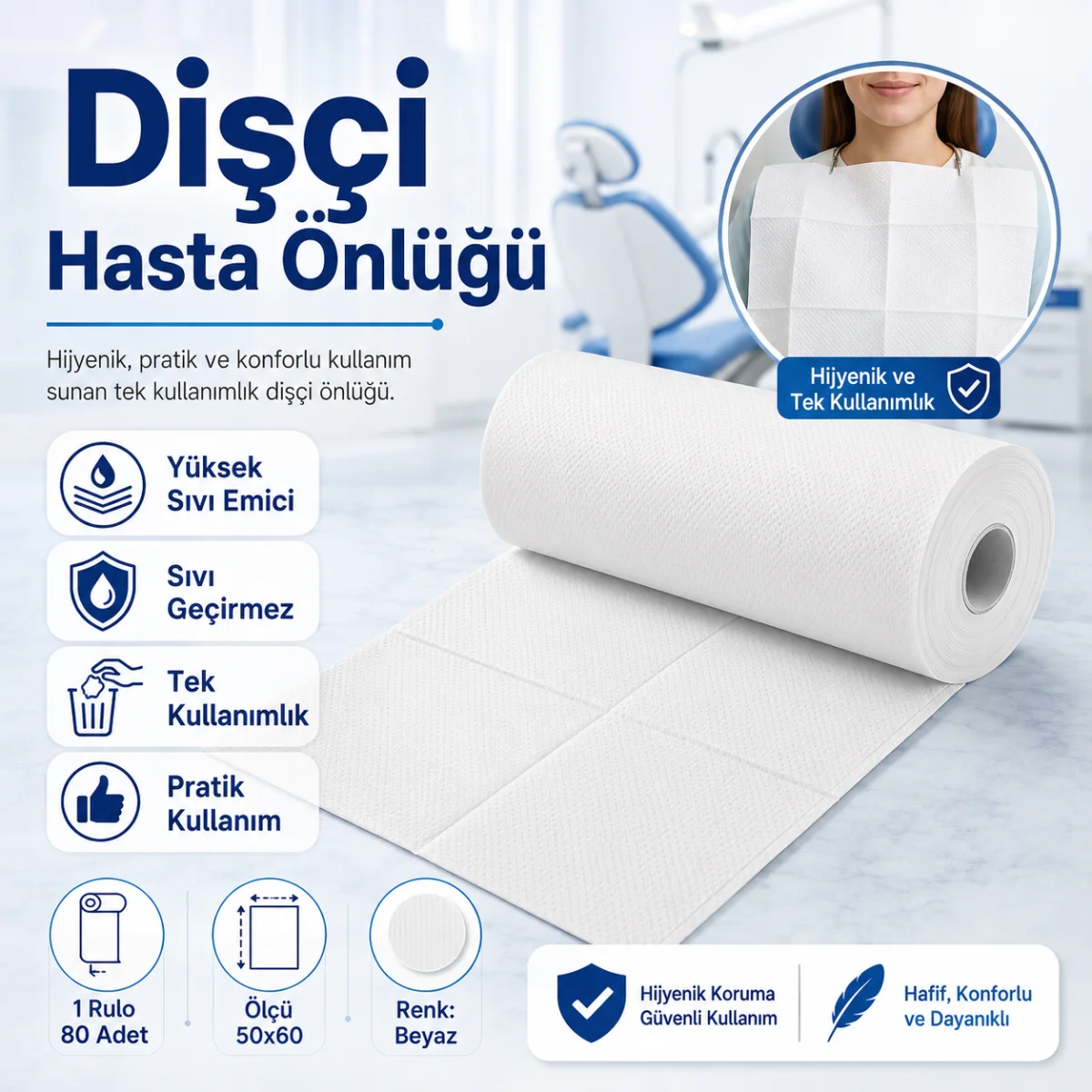 Dişçi Hasta Önlüğü 1 Rulo 80 Adet Beyaz Tek Kullanımlık Sıvı Geçirmez Yüksek Emici Hasta Örtüsü 50x60 cm