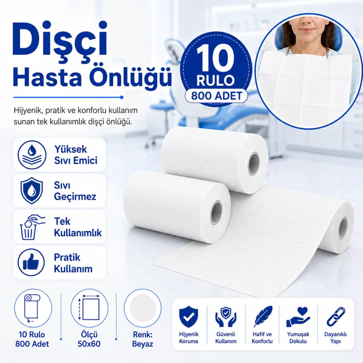 Dişçi Hasta Önlüğü 10 Rulo 800 Adet Beyaz 50x60 cm
