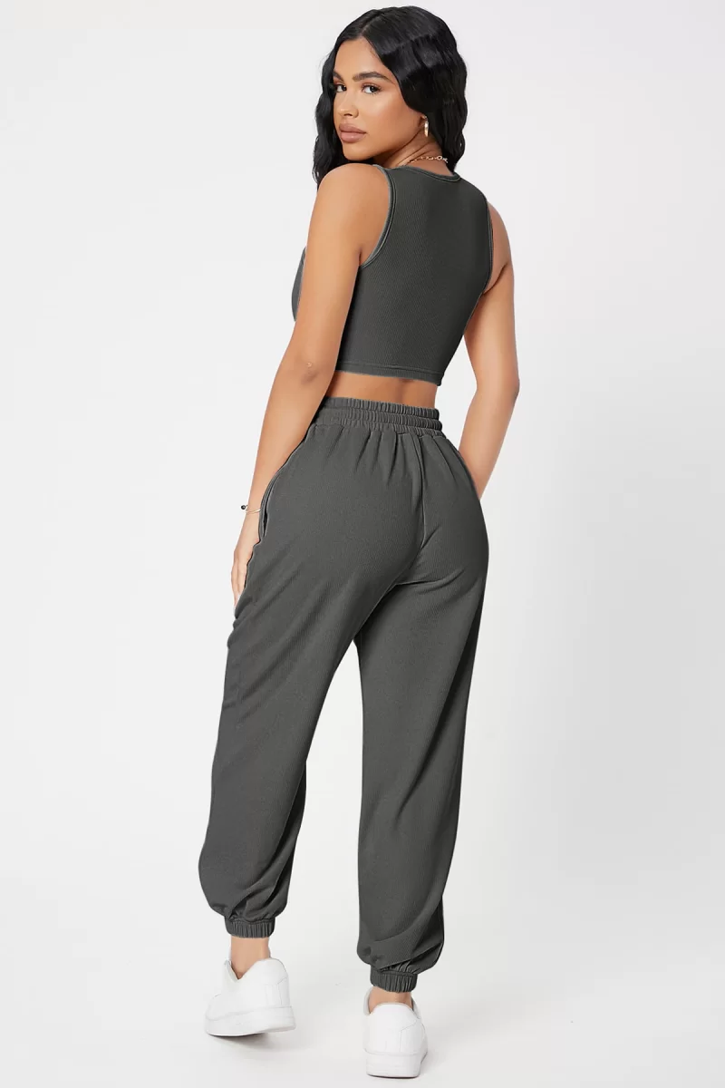 Kadın Antrasit Gri Kaşkorse Cepli Jogger Eşofman Altı ve Crop Top Bluz