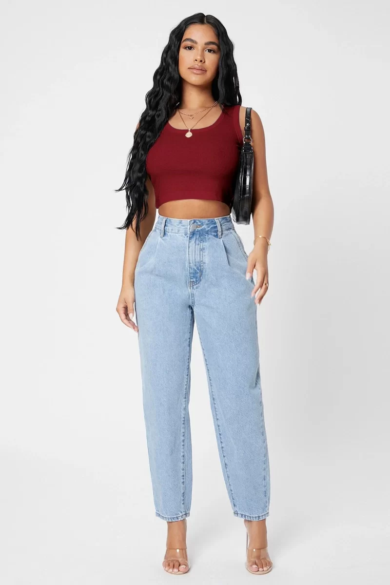 Kadın Bordo Kare Yaka Crop Top Bluz