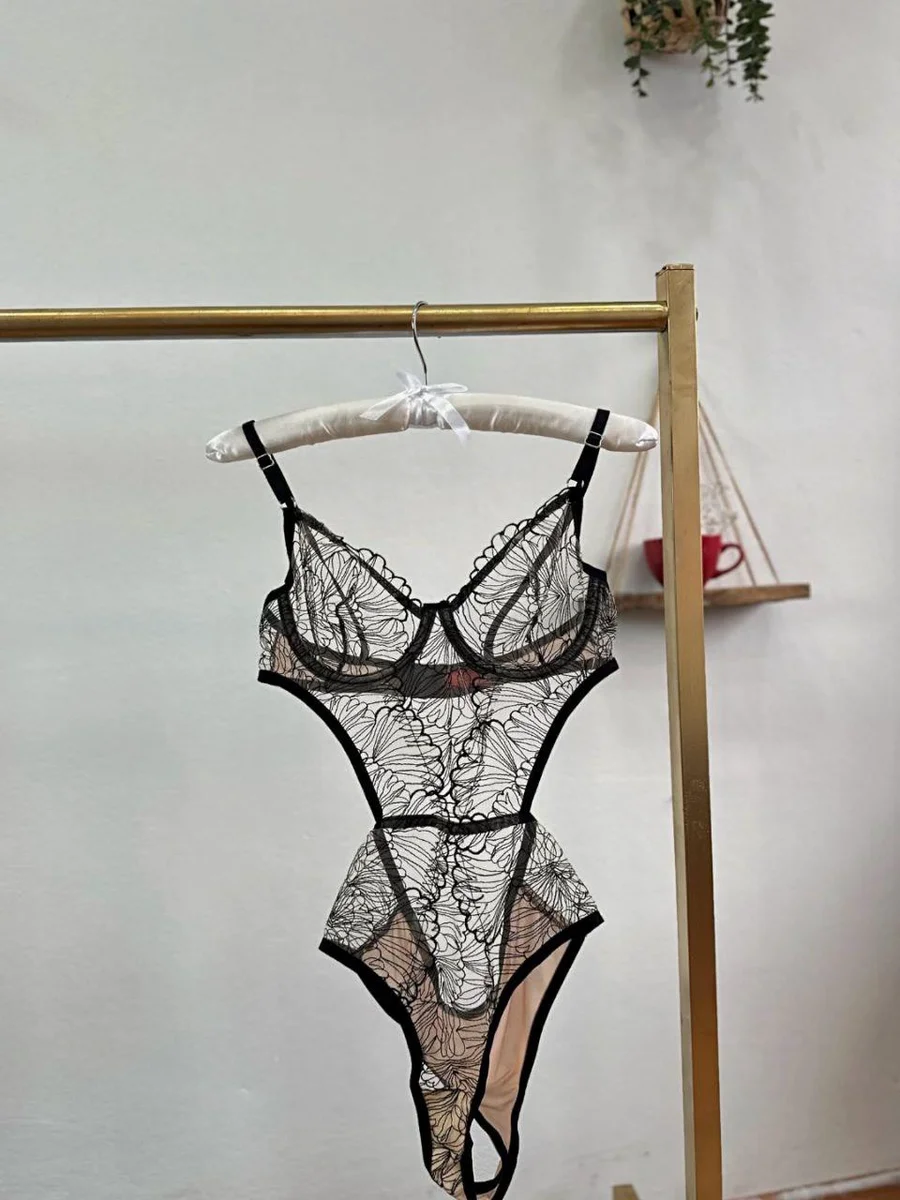 Desenli Ten Siyah Bodysuit