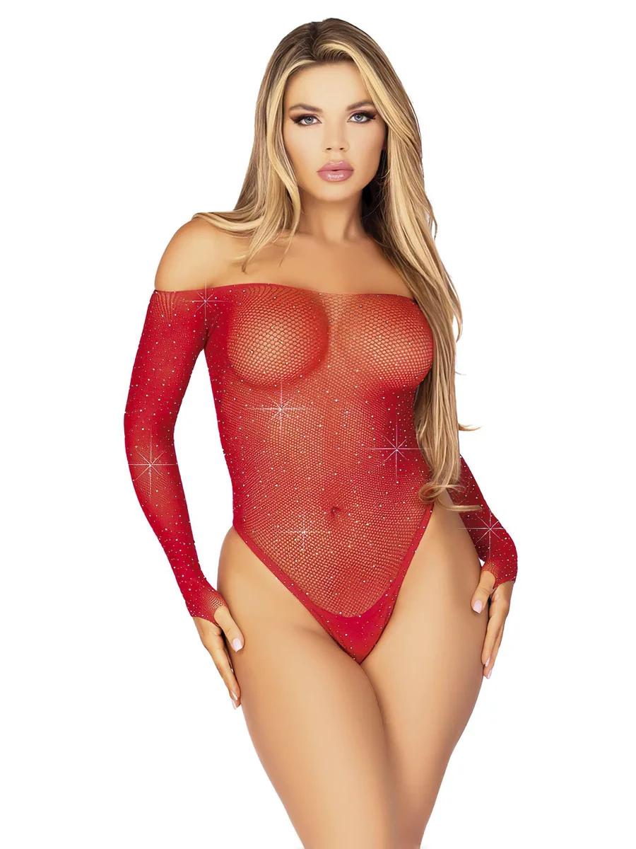 Kırmızı Fantezi Taşlı Body Vücut Çorabı