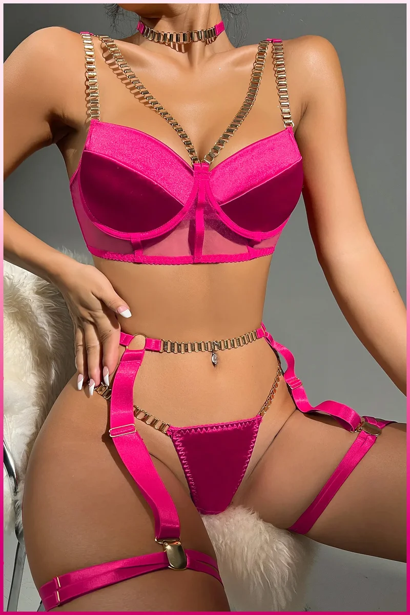 Fuşya Merdiven Zincirli Göğüs Balenli Kadın Seksi Jartiyer Takım