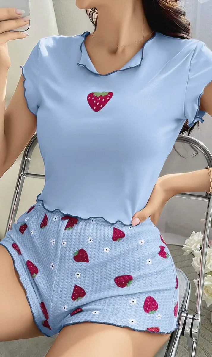 Çilek Desenli Mavi Seksi Pijama Takım
