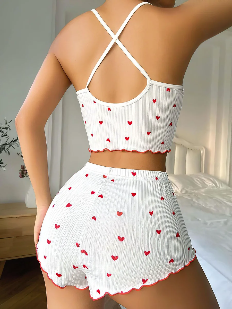 Beyaz Fiyonk Desenli Kalpli Askılı Şortlu Pijama Takım