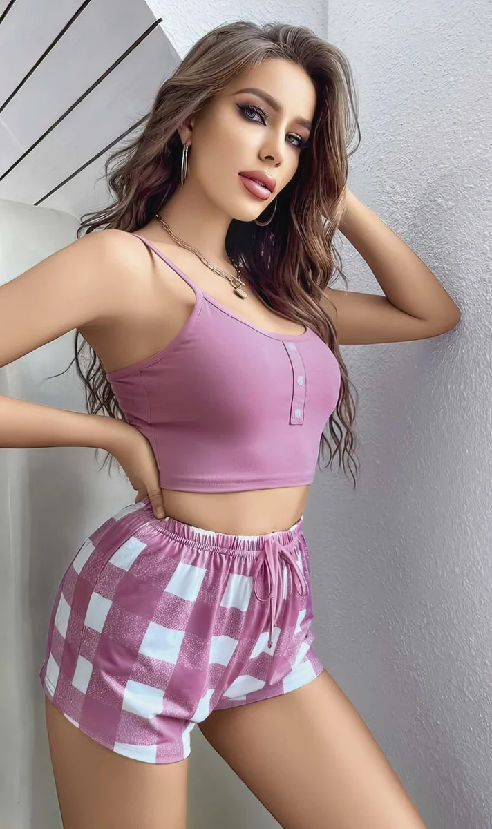 Pembe Kareli Desenli Askılı Şortlu Pijama Takım