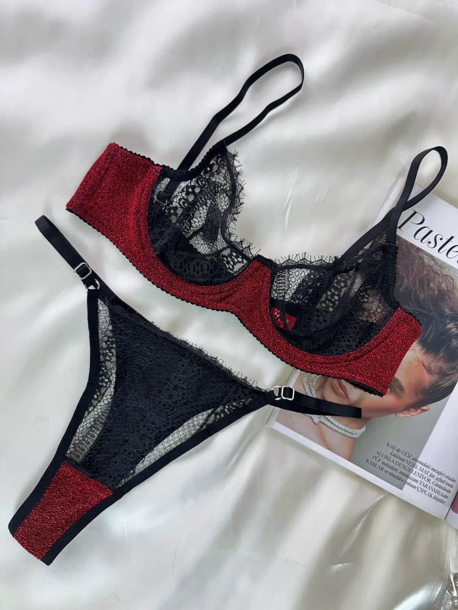 Özel Tasarım Dantel İşlemeli  Bordo Desteksiz Bralet Takımı