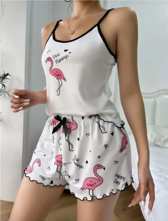 Pink Flamingo Desenli Askılı Şortlu Pijama Takımı