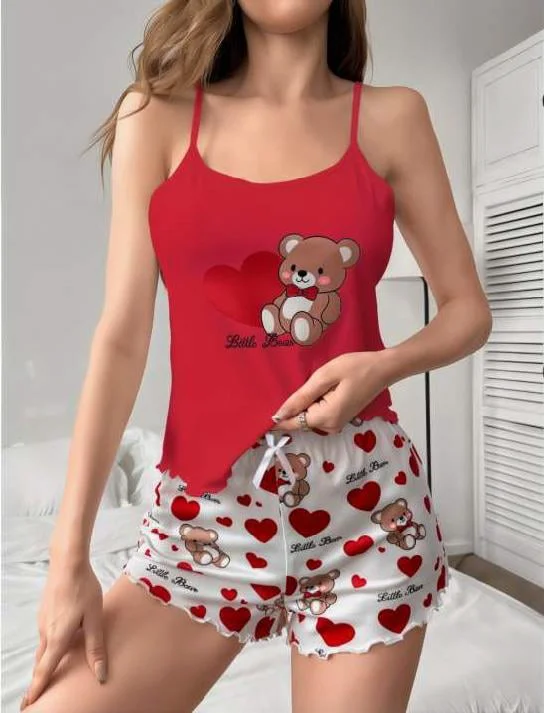 Kalpli Ayıcık Desenli Askılı Şortlu Pijama Takımı