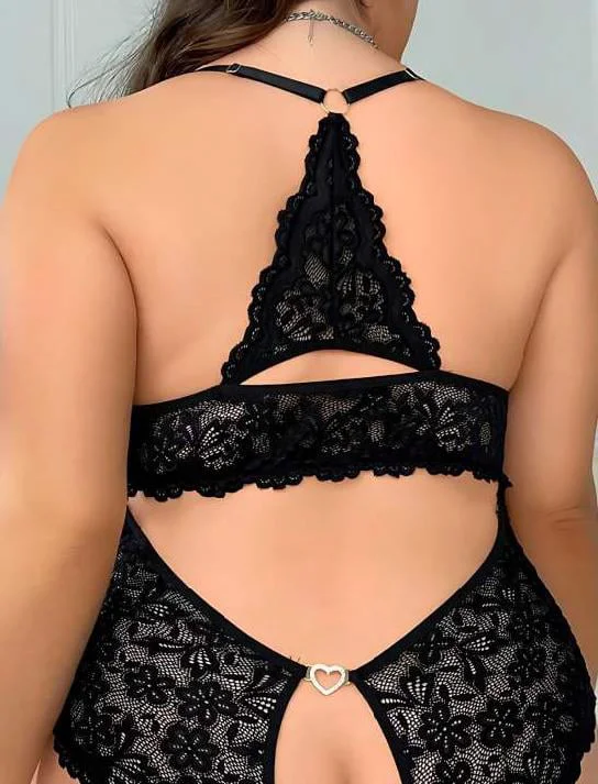 Büyük Beden Siyah Dantel İşlemeli Özel Bölgesi Açık Fantezi Babydoll