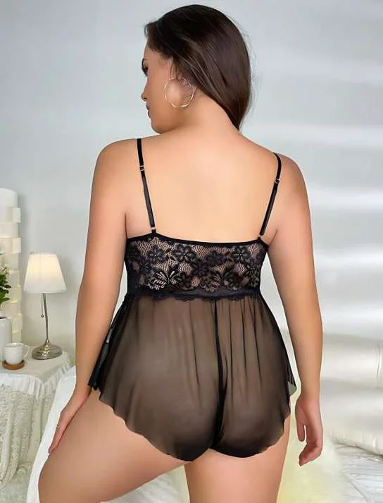Büyük Beden Siyah Dantel İşlemeli Fırfırlı Fantezi Babydoll