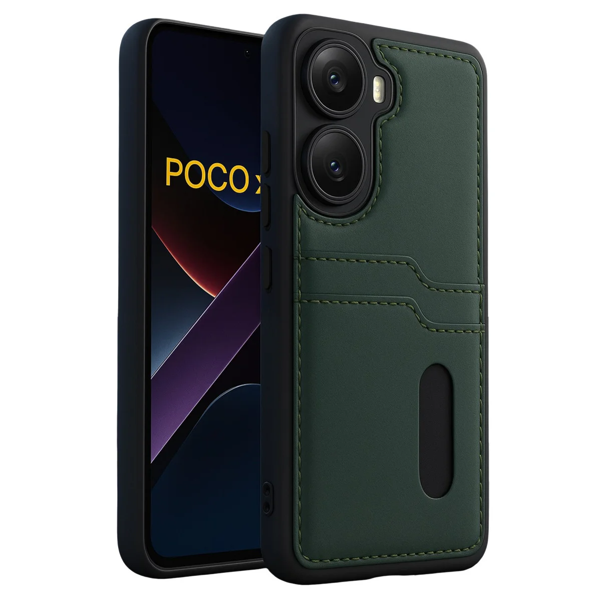 Poco X7 Pro Kılıf Sara Kartvizitli Deri Kılıf - Koyu Yeşil