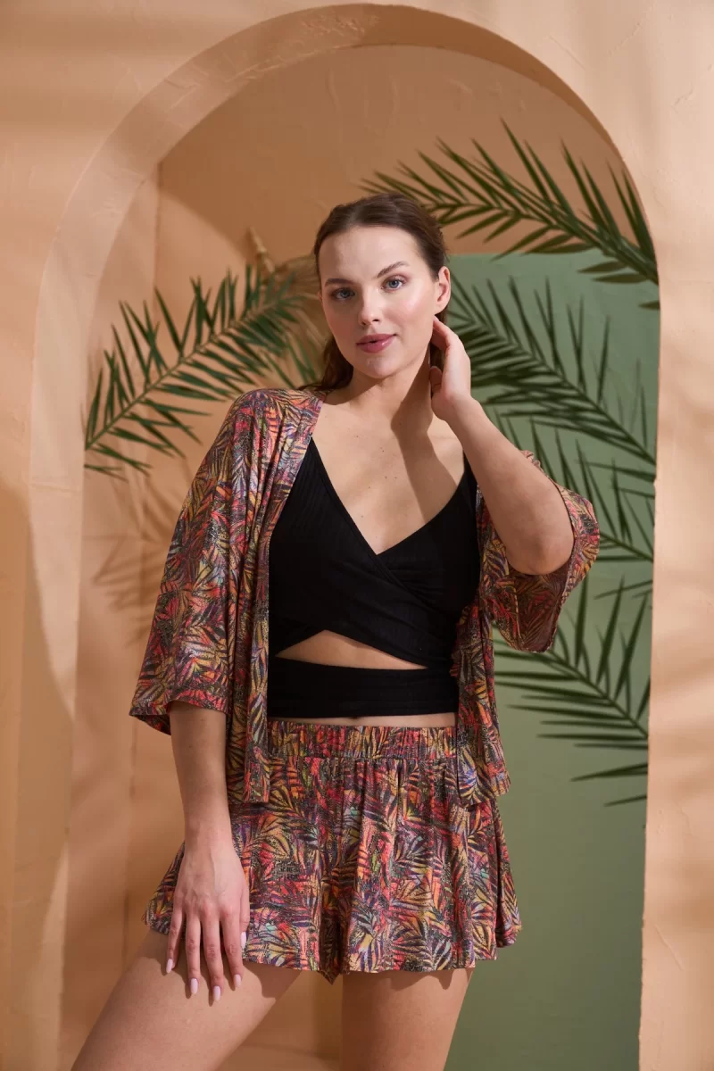 PJS 27003 Viskon Kimono Croplu Şort Takım