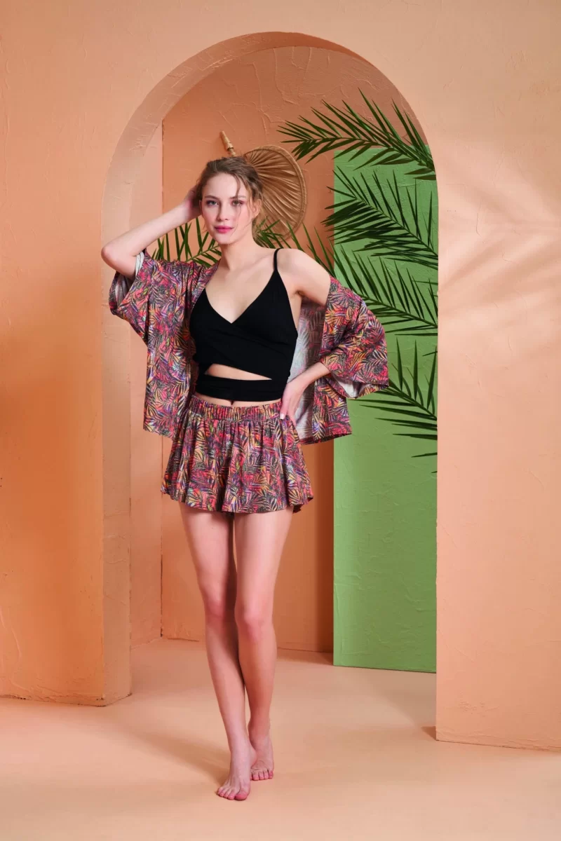 PJS 27003 Viskon Kimono Croplu Şort Takım