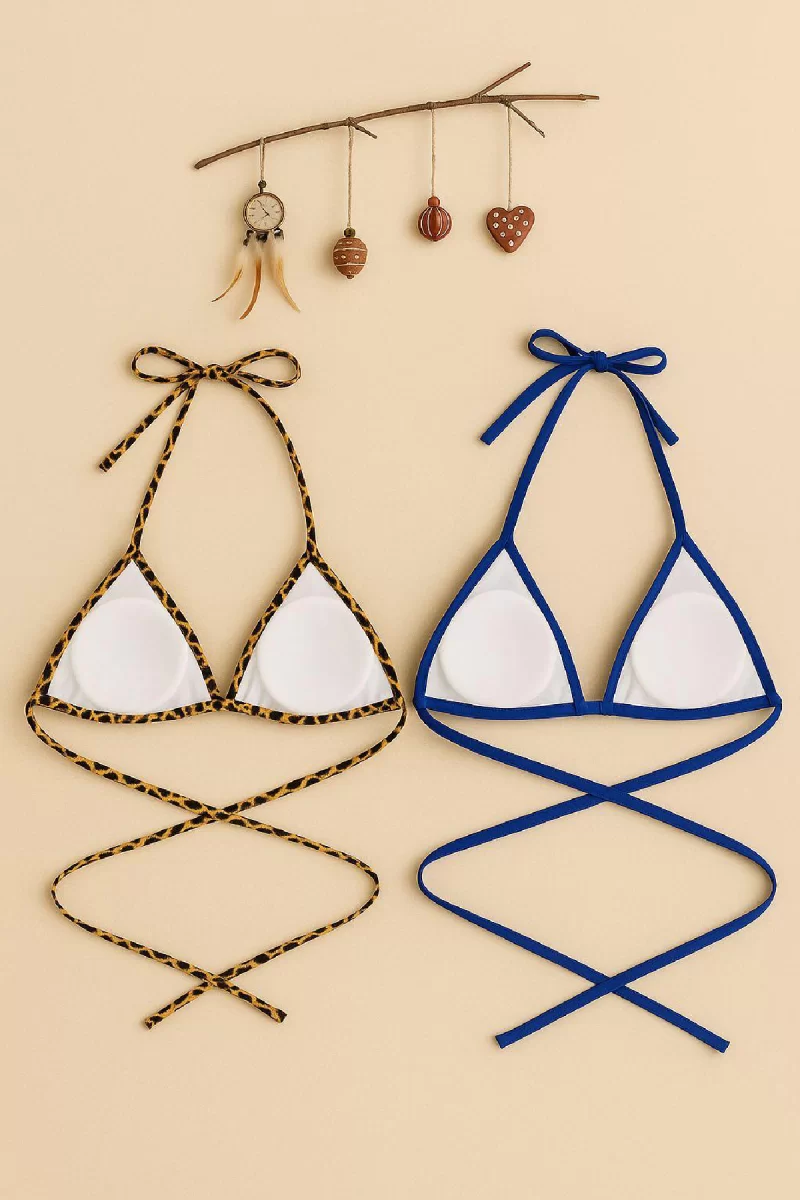 Kadın Leopar Desenli ve Mavi Minimal Kesim Üçgen Bikini Üstü