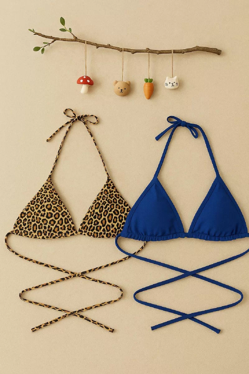 Kadın Leopar Desenli ve Mavi Minimal Kesim Üçgen Bikini Üstü