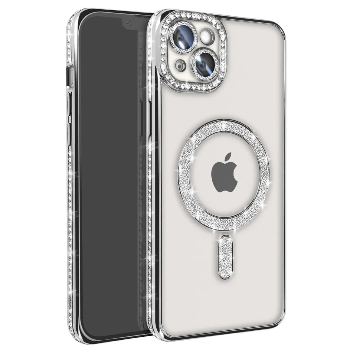iPhone 14 Kılıf Joke Simli Magneticsafe Kılıf - Gümüş