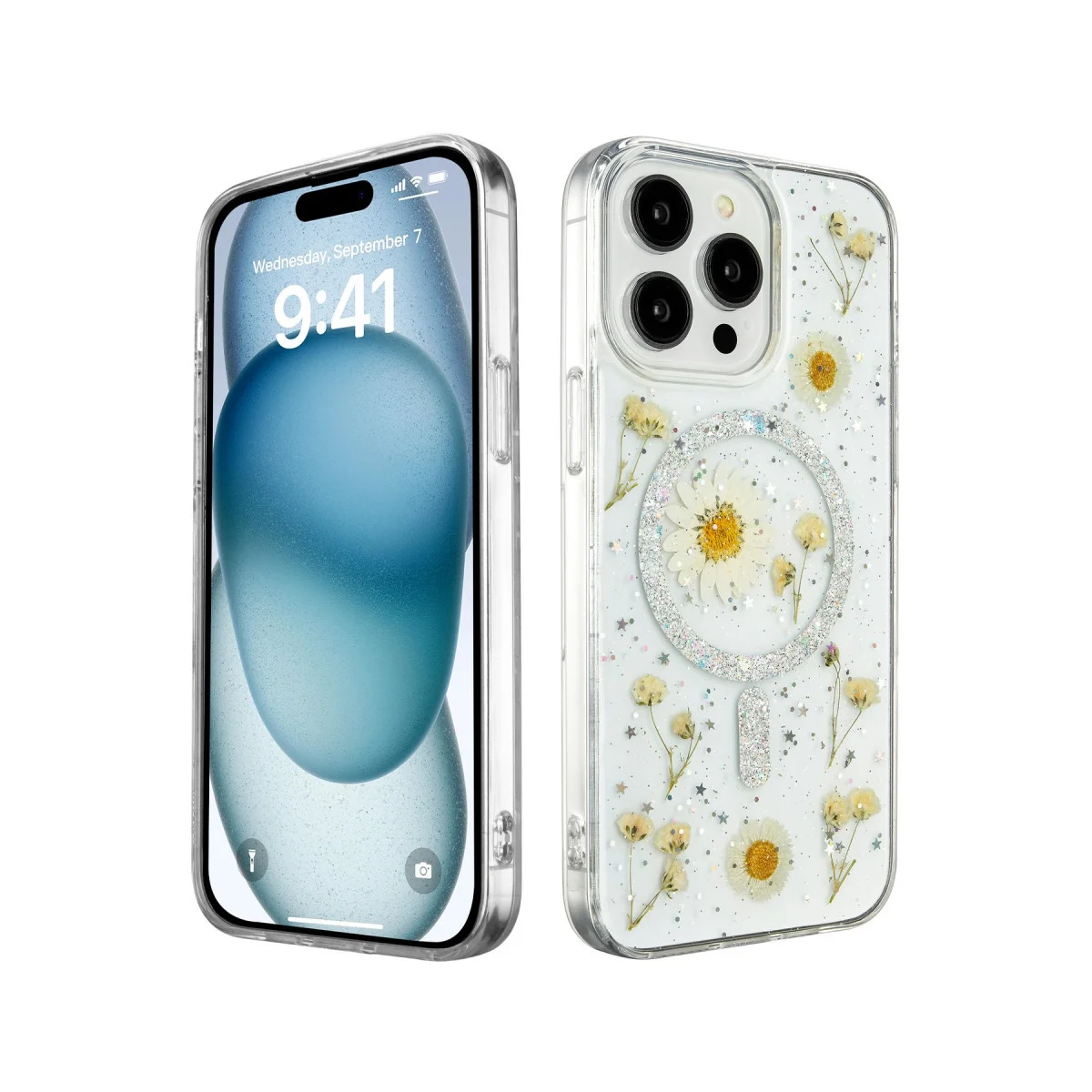 iPhone 15 Pro Kılıf Daisy Simli Magsafe Kapak - Gümüş